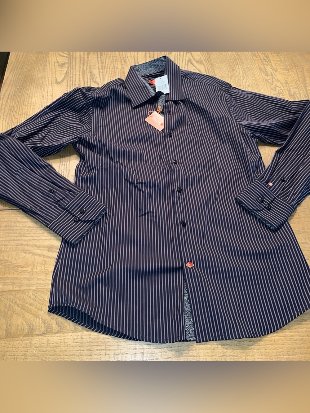 Tallia Button Up Men’s Shirt Medium M Bronze Brown Black Striped